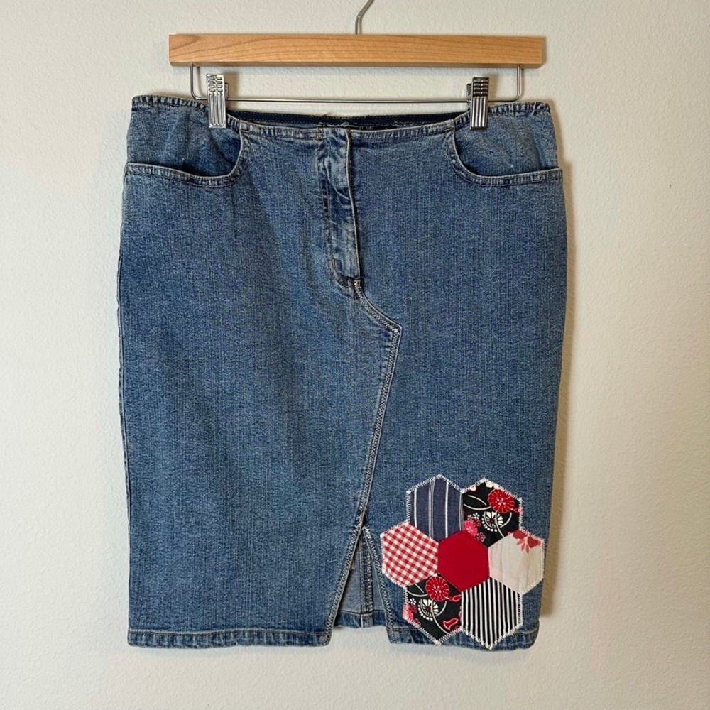 VTG Y2K INC Patchwork Denim Skirt Blue Cotton Blend Womens Size 8